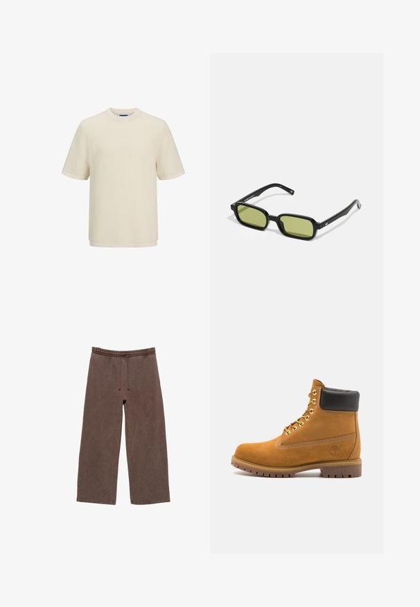 T-shirt corto a maniche corte di colore crema con un motivo a maglia testurizzato. Presenta un collo tondo e un'orlo dritto.; Pantaloni della tuta in cotone marrone con vita elastica, coulisse regolabile, gambe ampie e minimo dettaglio di cucitura.; Stivale alla caviglia in suede tan con collare imbottito nero, occhielli in metallo dorato, dettagli in cucitura bianca e suola in gomma robusta con battistrada pronunciato.; Occhiali da sole neri con un design angolare, lenti verdi e montatura in plastica liscia. Presentano dettagli dorati sulle stanghette.