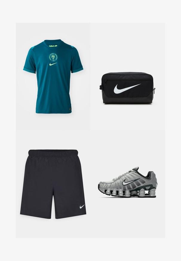 Türkiisi treeningpusa lühikeste varrukatega, ümar kaelus, tekstuuriga kangas ja ringikujuline Nigeria Jalgpalliliidu emblem.; Mustad mustikud lühikesed püksid, mis on valmistatud kergest materjalist ja millel on elastne vöökoht. Alumisel vasakul küljel on väike valge Nike logo.; Hallikas ja must Nike jooksutoss, mille all on näha kevadelik ammortiseerimine ja külje peal on valge sarnase logo.; Mustal toilettkott Nike'ilt, millel on sile tekstuur, valge Swooshi logo, ülemine tõmblukk ja külgtasku.