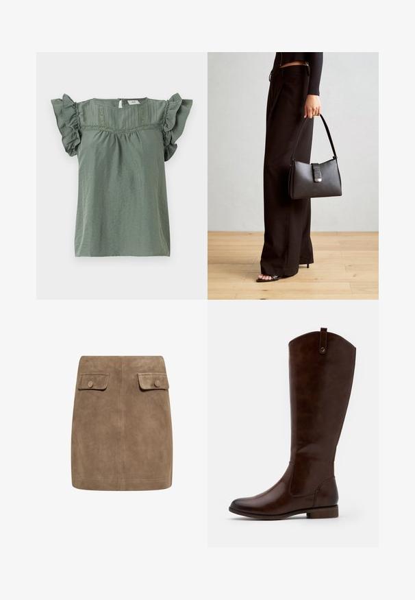 Zelený top s krátkým rukávem, s volánovými rukávy, textured látkou a dekorativním prošíváním kolem výstřihu. Zavírání na klíčovou dírku vzadu.; Hnědý dlouhý rukáv top s širokým výstřihem a detaily uzlu na jedné straně, vyrobený z měkké texturované látky.; Hnědá semišová mini sukně s hladkou texturou, vybavená dvěma předními kapsami s klopami a knoflíkovými zapínáními po stranách. Jednoduchý, rovný design.; Hnědé kozačky do kolen vyrobené z hladké kůže, s kulatou špičkou, nízkým stohovaným podpatkem a jemným prošitím po stranách.; Černá kabelka se strukturovaným tvarem, hladkým povrchem a kovovým uzávěrem. Kombinována s širokými černými kalhotami a sandály s otevřenou špičkou na dřevěné podlaze.
