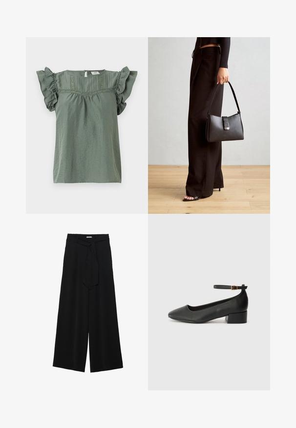 Zöld, rövid ujjú blúz fodros ujjakkal, struktúrált anyaggal és díszvarrással a nyakrész mentén. Kulcslyuk hátul záródás.; Fekete, bő szárú nadrág, texturált anyagból, rugalmas derékpánttal és levehető sállal a derekán, amely állítható illeszkedést biztosít.; Fekete bőr magassarkú cipő hegyes orral és alacsony tömb sarkal. Bokapánttal rendelkezik, aranyszínű csattal. Simább textúra.; Fekete kézi táska strukturált formával, sima textúrával és fémből készült záródással. Széles fekete nadrággal és nyitott orrú szandállal párosítva, fából készült padlón.