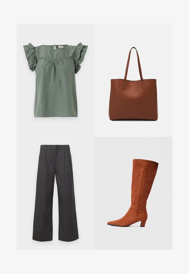 Green short-sleeve top with ruffled sleeves, textured fabric, and decorative stitching along the neckline. Keyhole back closure.; Wide-leg trousers in black fabric, featuring a high waist, front creases, and subtle pockets. Smooth texture with a clean finish.; Brown suede knee-high boot with a pointed toe and a small block heel, featuring a smooth texture and minimalistic design.; Brown leather tote bag with a smooth texture, open top design, and two shoulder straps. Features minimal stitching and no visible hardware.