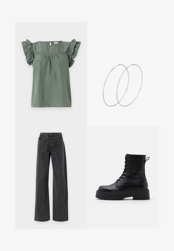 Top verde de manga corta con mangas acampanadas, tejido texturizado y costura decorativa en el escote. Cierre en forma de llave en la parte posterior.; Noisy May NMJANNEL LOOSE - Vaqueros boyfriend - black denim; Botas de cuero negras hasta el tobillo con punta redonda, cordones en la parte delantera y una suela de goma gruesa con un dibujo texturizado. Tirador en la parte trasera.; Pendientes de aro plateados con un diseño minimalista. Forma circular, textura suave y perfil delgado. Livianos con un acabado pulido.