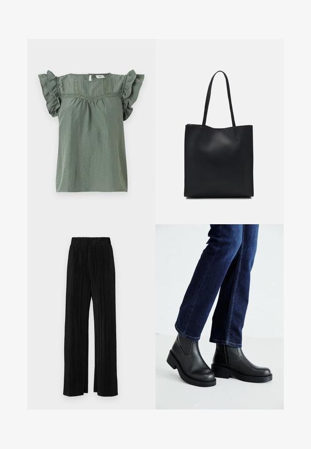 Green short-sleeve top with ruffled sleeves, textured fabric, and decorative stitching along the neckline. Keyhole back closure.; Black pleated trousers with an elastic waistband. Features wide legs and a smooth, textured fabric with vertical stripes.; Black leather ankle boots with a chunky sole and side elastic panels, paired with dark blue jeans. The ground is light-colored.; Black leather tote bag with smooth texture, rectangular shape, and two long handles. No visible hardware or embellishments.