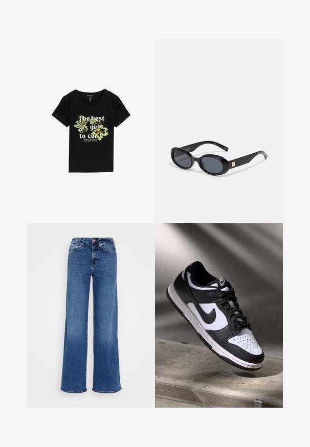 Camiseta negra de manga corta con gráficos florales en verde y amarillo, con el texto "Lo mejor está por llegar" en blanco. Material de algodón suave.; Vaqueros de mezclilla de cintura alta azul medianoche con pierna ancha, cierre de botón y cremallera, y bolsillos delanteros y traseros, sobre un fondo gris claro liso.; Zapatilla Nike Dunk Low en blanco y negro con parte superior de cuero, caja de dedos perforada y cordones negros, que cuenta con una suela blanca y acentos de logo.; Gafas de sol negras en forma ovalada con lentes oscuros, montura de plástico brillante, brazos anchos y un pequeño acento dorado en un lado.