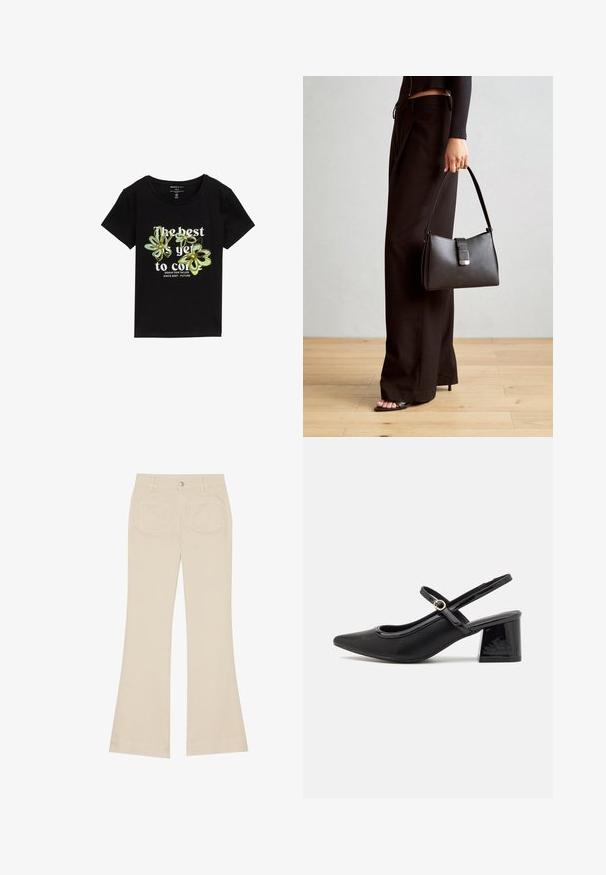 Črna majica s kratkimi rokavi, ki vključuje zelene in rumene cvetlične grafike ter besedilo "Najboljše šele prihaja" v beli barvi. Mehka bombažna tkanina.; Bež hlače s širokim nogavicami in visokim pasom, narejene iz bombažnega blaga. Imajo sprednje in zadnje žepe, zanke za pas ter en sam srebrn gumb.; Črne patentne usnjene salonarce s slingback obliko, s koničastim nosom, zaobljenim izrezom in blok peto. Imajo zlato kovinsko zaponko kot dodatno okrasje.; Črna torbica z strukturirano obliko, gladko teksturo in kovinskim zaponko. Ujemajo se z širokimi črnimi hlačami in odprtimi sandali na lesenem tleh.