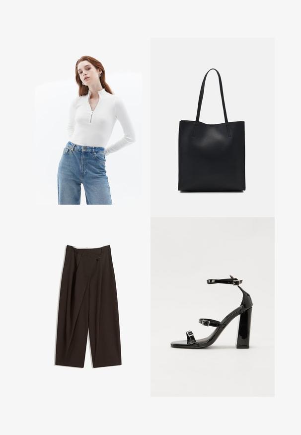 Witte rits-trui met lange mouwen in ribbelstructuur, gecombineerd met lichtblauwe high-waisted denim jeans met een vervaagde was en standaard zakken.; Donkere bruin wijde broek met een hoge taille, voorzien van een enkele knoopsluiting en een geplooide voorkant. Gemaakt van lichtgewicht stof.; Zwarte gepatenteerde sandalen met hak en een vierkante neus, enkelbandjes en zilveren gespen. Heeft een stevige blokhak voor stabiliteit.; Zwarte leren handtas met een gladde textuur, rechthoekige vorm en twee lange handvaten. Geen zichtbare hardware of versieringen.