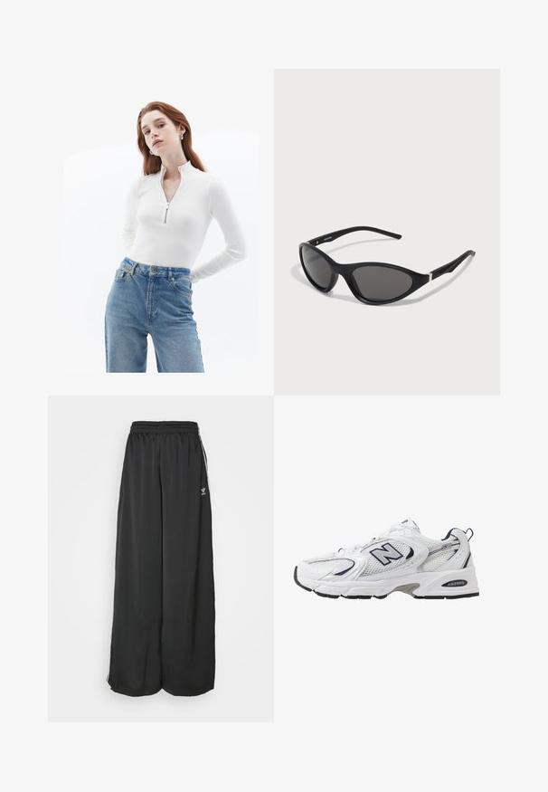 Top bianco con zip e maniche lunghe in tessuto a coste, abbinato a jeans in denim azzurro chiaro a vita alta con un effetto scolorito e tasche standard.; Pantaloni da jogging neri, morbidi e larghi, realizzati in tessuto liscio. Presentano una vita elasticizzata e strisce laterali con accenti di logo.; Scarpa sportiva bianca con tomaia in mesh, dettagli in blu marino e suola imbottita. Presenta il logo "N", lacci e dettaglio texturizzato sul lato.; Occhiali da sole cat-eye neri con montatura opaca e slanciata, lenti scure e accenti argentati sulle aste. Design moderno con una forma affilata.; Orecchini a cerchio in argento con una superficie liscia e lucida e una forma circolare sottile. Il design presenta una chiusura sicura.