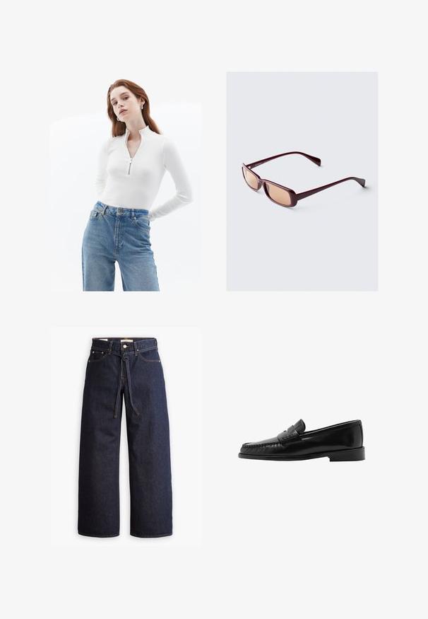 Weißes, langärmeliges Oberteil mit Reißverschluss in Rippstruktur, kombiniert mit hoch taillierten hellblauen Denim-Jeans mit einem ausgebleichten Finish und normalen Taschen.; Weite, dunkelblaue Jeans aus Denim mit hoher Taille, ausgestattet mit einem Kordelzug, fünf Taschen und kontrastierenden Nähdetails.; Schwarzer Lederloafer mit geschwungener Silhouette, dekorativem Riemen, strukturiertem Stich und flacher Gummisohle. Glatte Oberfläche und elegantes Design.; Burgunderfarbene Sonnenbrille mit rechteckigem Rahmen, verlaufenden Gläsern und eleganten Bügeln. Das Material hat eine glatte, glänzende Oberfläche.; Schwarze geflochtene Tragetasche mit zwei stabilen Griffen, die eine glänzende Textur und ein geräumiges offenes Design bietet.