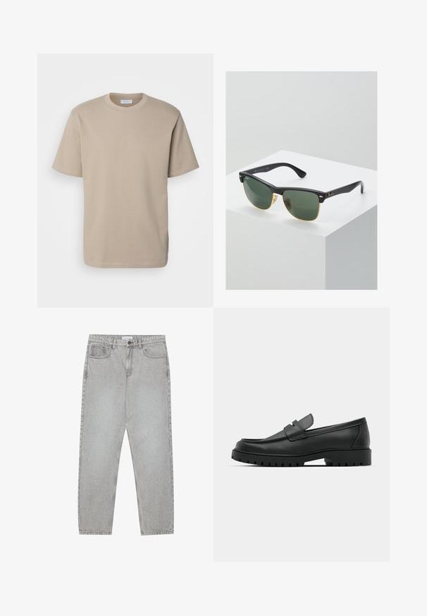 Lindbergh O NECK TEE OVERSIZE - Základné tričko - stone; Svetlošedé denimové nohavice s rovným strihom, piatimi vreckami a zapínaním na gombík. Viditeľné švy pozdĺž švov.; Čierne kožené mokasíny s okrúhlou špičkou, s prešitým dizajnom, nízkou platformou a textúrovanou, zúbkovanou gumovou podrážkou.; Slnečné okuliare Ray-Ban so zelenými sklami, čiernymi plastovými rámami a zlatými akcentami na okrajoch. Štvorcový tvar s matným povrchom.