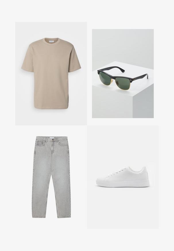 Lindbergh O NECK TEE OVERSIZE - Základné tričko - stone; Svetlošedé denimové nohavice s rovným strihom, piatimi vreckami a zapínaním na gombík. Viditeľné švy pozdĺž švov.; Biele tenisky s hladkým syntetickým zvrškom, okrúhlou špičkou, šiestimi otvormi na šnúrky a nízkoprofilovou gumovou podrážkou s textúrovanými detailmi.; Slnečné okuliare Ray-Ban so zelenými sklami, čiernymi plastovými rámami a zlatými akcentami na okrajoch. Štvorcový tvar s matným povrchom.