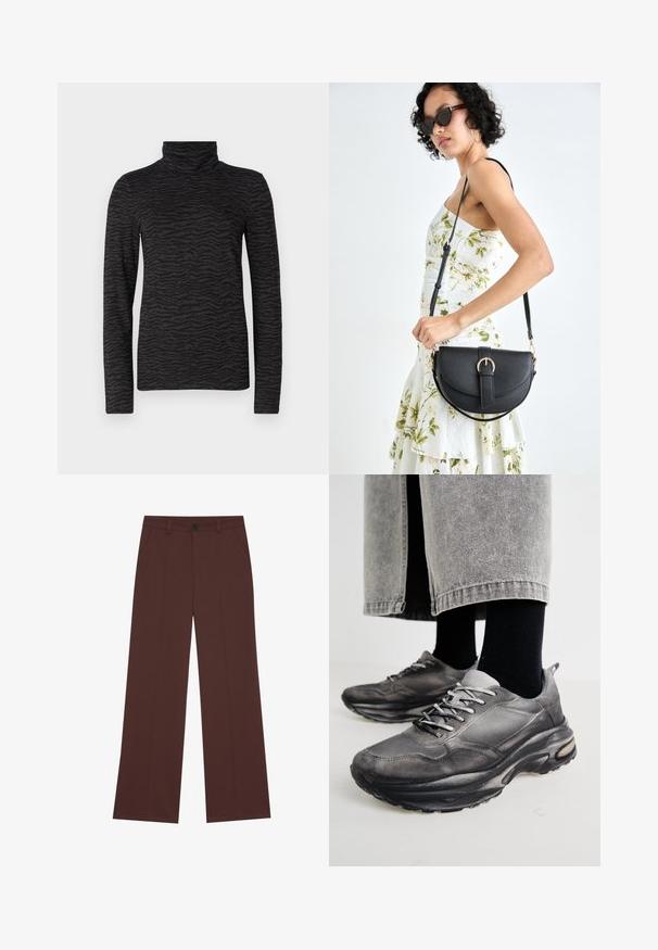 Top preto de gola alta com um padrão texturizado de riscas de tigre, mangas longas e um decote alto, confeccionado em um material suave.; Calças largas em tecido castanho escuro. Apresentam um fecho com botão, duas bolsos frontais, textura suave e linhas limpas.; Sapatilhas atléticas pretas e cinzentas apresentam um upper em malha, solas espessas e atacadores. Têm um bico arredondado e detalhes de amortecimento visíveis.; Bolsa de couro preta com forma curva, alça destacável e detalhes em dourado. A bolsa possui uma aba com detalhe de fivela.