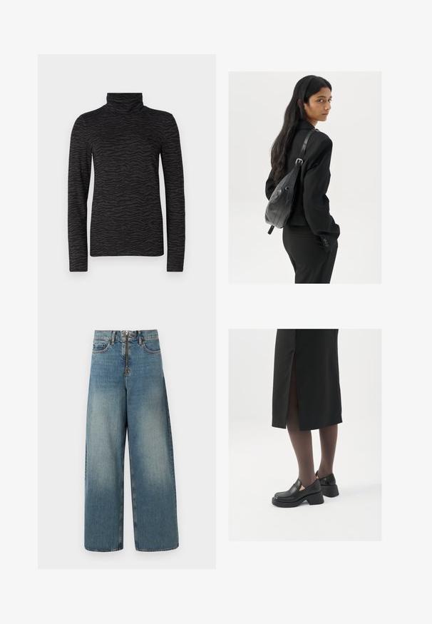 Zwarte coltrui met een textuur van tijgerstrepen, lange mouwen en een hoge halslijn, gemaakt van een gladde stof.; Wijduitlopende denim jeans in een lichte blauwwas. Voorzien van een ritssluiting met knoopsluiting en subtiele vervaging voor een versleten uitstraling.; Zwarte leren schoenen met een ronde neus, dikke blokhak en elastische zijkanten, gecombineerd met donkere panty's en een zwarte rok met een split.; Vrouw met lang donker haar in een zwart pak, met een zwart leren schoudertas, die over haar schouder kijkt tegen een witte achtergrond.; Zilveren hoepel oorbellen met een minimalistisch ontwerp. Cirkelvormig, gladde textuur en dun profiel. Lichtgewicht met een gepolijste afwerking.