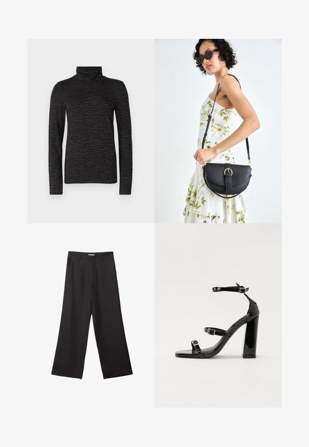 Čierny rolák s textúrovaným vzorom tigrej pruhy, dlhé rukávy a vysokým golierom, vyrobený z hladkého materiálu.; Čierne široké nohavice vyrobené z hladkej tkaniny, so zipsom vpredu a dvoma bočnými vreckami, s prispôsobeným strihom a minimalistickým dizajnom.; Čierne lakované sandále na podpätku so štvorcovou špičkou, navlečenými remienkami okolo členku a striebornými prackami. Disponujú masívnym blokovým podpätkom pre stabilitu.; Čierna kožená kabelka s zaobleným tvarom, odnímateľným popruhom a zlatými doplnkami. Kabelka má klopu s detailom s prackou.