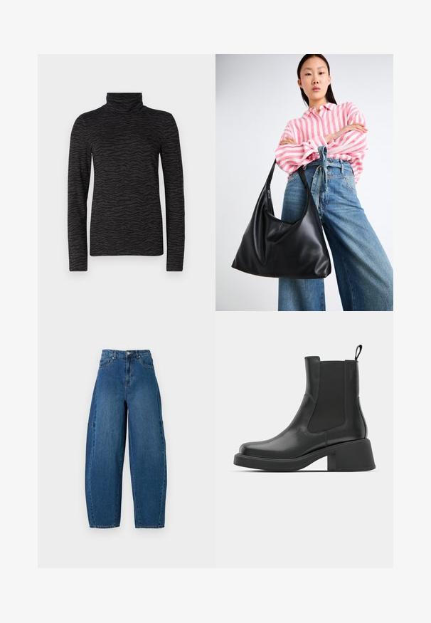 Schwarzes Rollkragenoberteil mit einem strukturierten Tigerstreifenmuster, langen Ärmeln und hohem Kragen, aus einem glatten Material gefertigt.; Denimjeans in einer mittleren blauen Waschung, mit hoher Taille, weit geschnittenem Bein und dem typischen fünf Taschen Design mit sichtbaren Nahtdetails.; Schwarze Leder-Stiefeletten mit elastischen Seitenpanelen, abgerundetem Zehenbereich und einem klobigen Blockabsatz. Glatte Textur mit einem minimalistischen Design.; Schwarze Leder-Umhängetasche mit einer lässigen Form und Nahtdetails. Das Modell trägt ein pink-weiß gestreiftes Hemd zu weit geschnittenen blauen Jeans.