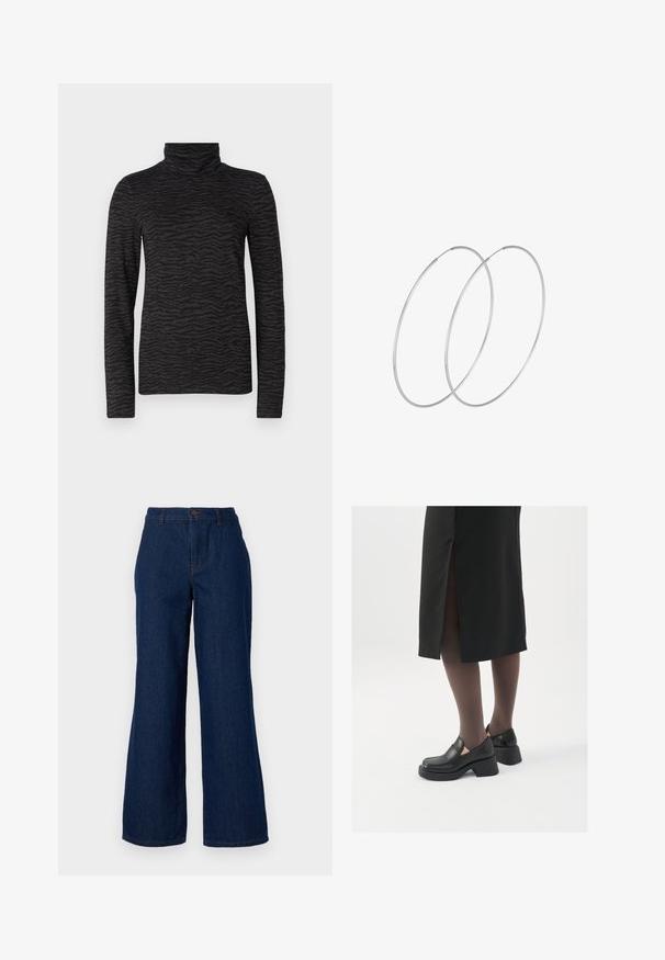 Crni rolak s teksturiranim uzorkom tigrovih pruga, dugim rukavima i visokim izrezom, izrađen od glatkog materijala.; Tamno plave traperice širokih nogavica s visokim strukom, prednjim kopčanjem na gumb i suptilnim detaljima šavova. Glatka tekstura i bez uzoraka.; Crne kožne cipele s zaobljenim vrhom, debelim blok petama i elastičnim bočnim detaljima, uparene s tamnim čarapama i crnom suknjom s prorezom.; Srebrne okrugle naušnice s minimalističkim dizajnom. Kružni oblik, glatka tekstura i tanak profil. Lagane s poliranim završetkom.