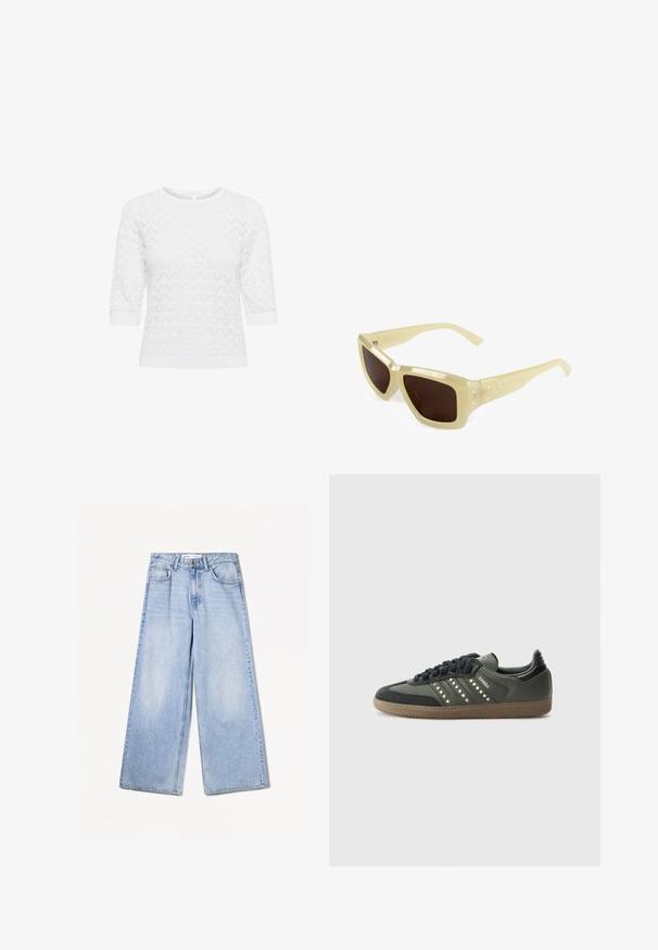 Biely pletený top s 3/4 rukávmi, s geometrickým vzorom. Okrúhly výstrih a detaily v tvare kľúčovej dierky na zadnej strane. Mäkkučká tkanina s textúrou.; Bershka WIDE-LEG - Široké nohavice - light-blue denim; adidas Originals SAMBA OG - Tenisky - core black/legend earth/gum; Svetložlté plastové slnečné okuliare s hnedými šošovkami, ostrý dizajn a nenápadný detail loga na boku. Úzke ramená, lesklý povrch.