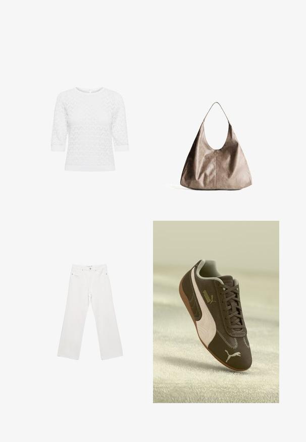 White knit top with 3/4 sleeves, featuring a geometric pattern. Round neckline and keyhole detail at the back. Soft, textured fabric.; White denim wide-leg trousers featuring a classic five-pocket design, metal hardware, and contrast stitching. Smooth texture and relaxed fit.; Brown Puma sneaker with beige stripe and logo, laced, resting on a textured beige surface.; Beige leather hobo bag with a smooth texture. Features a large open top and a single, wide shoulder strap. Rounded, slouchy shape.