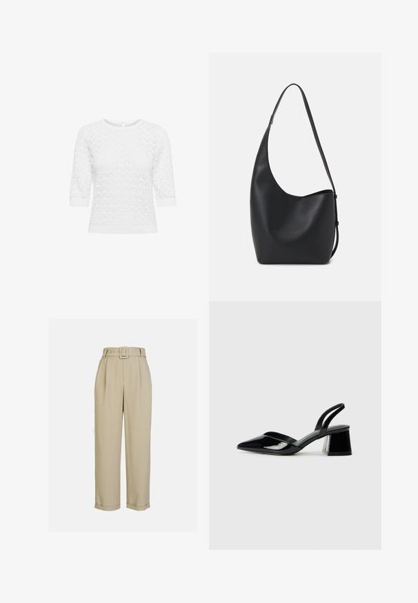 Bela pletena majica z 3/4 rokavi, ki ima geometrijski vzorec. Okrogla ovratnica in detajl z ključavnico na hrbtni strani. Mehka, teksturirana tkanina.; Bež hlače visoke pasnice s širokim krojem, z naborki, ujemajočim pasom s pravokotno spono in manšetami.; Črne lakirane slingback pete s koničastim nosom in geometrijsko blokasto peto. Imajo eleganten, minimalističen dizajn in gladko teksturo.; Črna usnjena hobo torba z gladko teksturo, ukrivljeno obliko in eno nastavljivo naramnico; ima širok odprtina na vrhu.