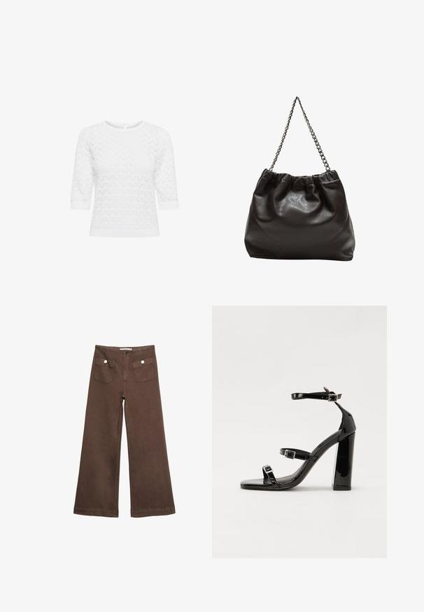 White knit top with 3/4 sleeves, featuring a geometric pattern. Round neckline and keyhole detail at the back. Soft, textured fabric.; Brown wide-leg trousers made of cotton, featuring two front pockets with silver buttons, and a smooth texture.; Black patent high-heeled sandals with two buckle straps, square toe, and a chunky block heel, featuring a smooth, glossy texture.; Brown leather bag with a gathered top and a chain strap. Smooth texture with a glossy finish and subtle seam detailing on the sides.