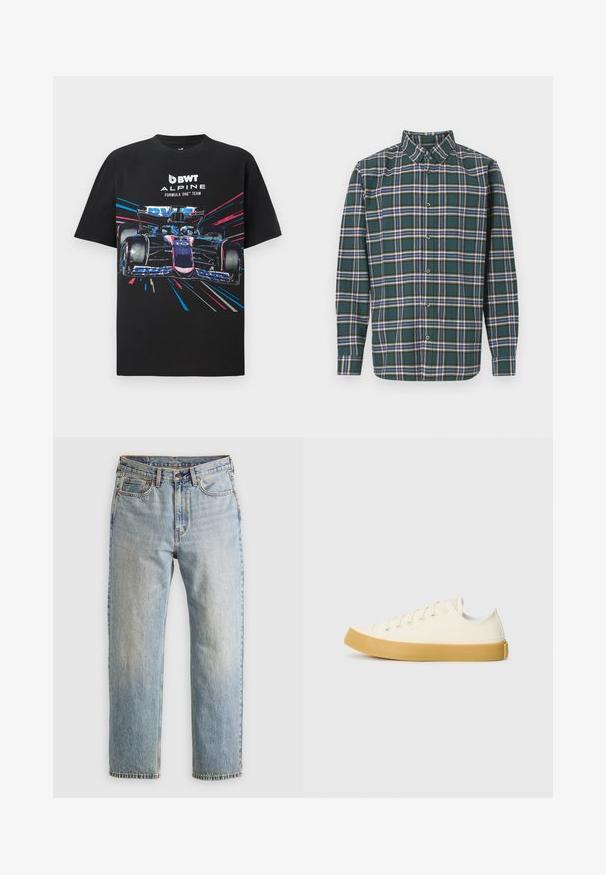 Sort bomuld t-shirt med grafisk print af en Formel 1 bil med livlige blå og pink accenter, samt teksten "BWT ALPINE FORMULA ONE TEAM".; Grøn flannelskjorte med et ternet mønster, der har blå, hvid og sennepsgul linjer. Knappet front og spids krave. Lange ærmer.; Lysblå denim jeans med høj talje, frontknap, lynlås og fem-lomme design, lagt fladt på en neutral baggrund.; Læder sneakers i off-white med rund tå, der har beige gummisåler og fem øjer til snørebånd, struktureret finish på overdelen.