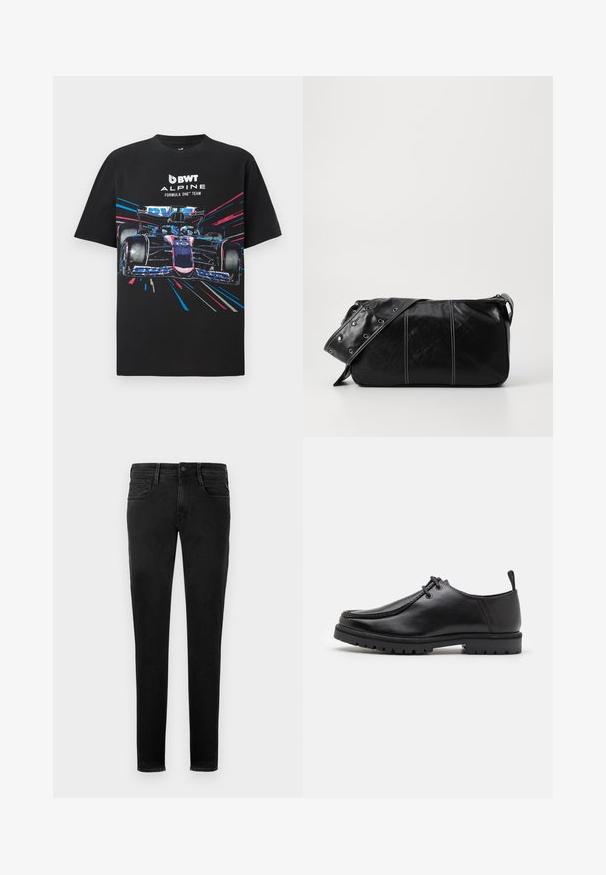 Svart bomullströja med en grafisk tryck av en Formel Ett-bil med livliga blå och rosa accenter, samt texten "BWT ALPINE FORMULA ONE TEAM".; Svarta denimjeans, slim fit, femficksdesign, synliga sömmar, framknäppning och minimalistisk varumärkesdetalj på bakfickan.; Svarta skinnsnörskor med en robust sula och dragflik vid hälen, visade från sidan på en vit bakgrund.; Svart läder axelväska med dragkedjestängning, som har en texturerad yta, vit sömnad och ett bälte med silveröglor.