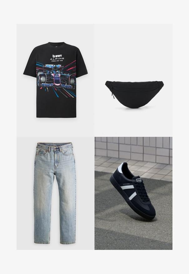Zwarte katoenen t-shirt met een grafische print van een Formule 1-auto met levendige blauwe en roze accenten, en de tekst "BWT ALPINE FORMULA ONE TEAM".; Lichtblauwe denim jeans met hoge taille, frontknop, rits en vijfzakkenontwerp, plat gelegd op een neutrale achtergrond.; Zwarte leren sneaker met witte strepen, een gestructureerde rubberen zool en vetersluiting aan de voorkant. Voorzien van een merklabel op de tong.; Zwarte stof heuptas met een afgeronde vorm, voorzak met rits en een gladde textuur. Geen zichtbare patronen of accenten. Lichtgewicht ontwerp.