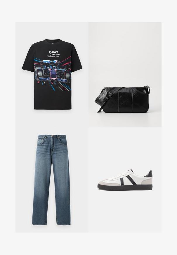 Crna pamučna majica s grafičkim printom Formula One automobila s živopisnim plavim i ružičastim naglascima, te natpisom "BWT ALPINE FORMULA ONE TEAM".; Ravne plave traperice s izblijedjelim pranjem, s pet džepova, metalnim gumbom i petljama za remen. Strukturalna, srednje teška tkanina.; Bijele tenisice s crnim i sivim detaljima, s teksturiranim sivim zaštitnikom prstiju, crnim gumene potplate i ravnim bijelim vezicama. Čist dizajn, minimalistički stil.; Crna kožna torba preko ramena s zatvaranjem na patentni zatvarač, s teksturiranim tijelom, bijelim šavovima i remenom sa srebrnim okovima.