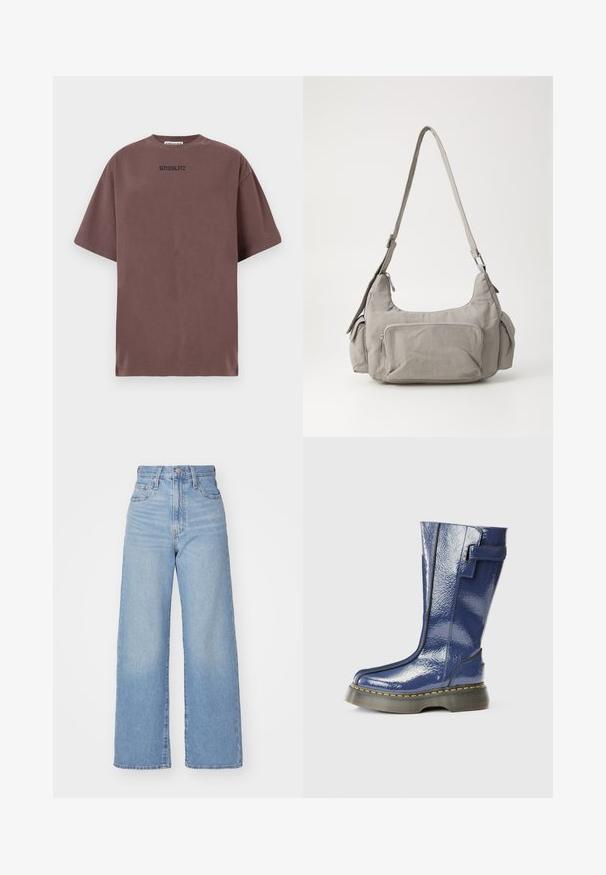 Brown cotton T-shirt with a relaxed fit, crew neckline, and short sleeves. Features black "STIEGLITZ" text on the chest. Smooth texture.; Light blue high-waist wide-leg jeans with front button and zip closure, front and back pockets, on a white background.; Blue, glossy knee-high boot with a rounded toe, side zip, and vertical seam details. Features a thick, black platform sole with yellow stitching.; Gray fabric shoulder bag with two side pockets, a front zippered pocket, and a wide adjustable strap. Simple, functional design.
