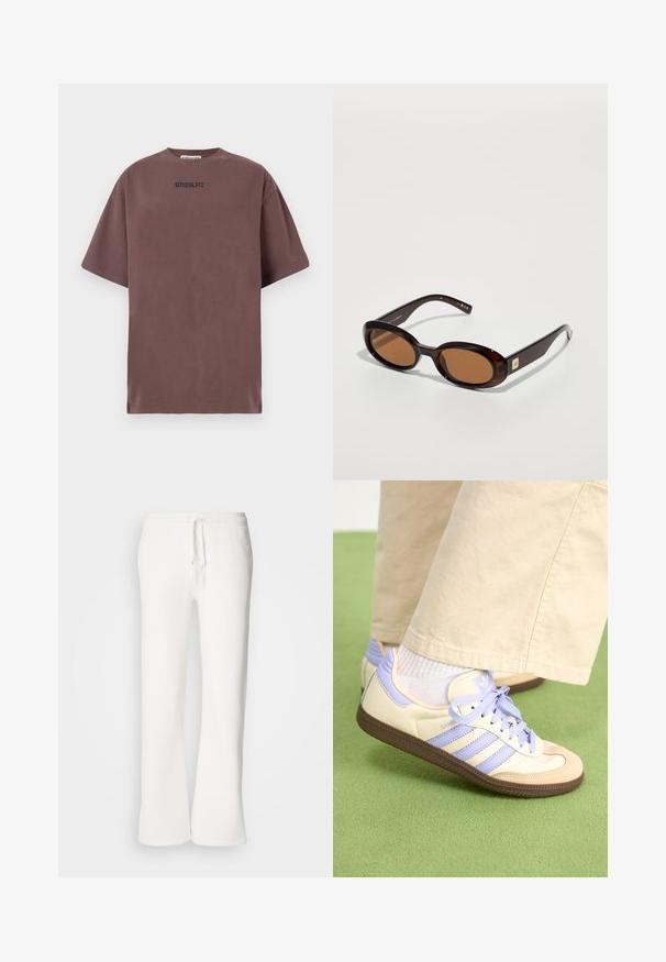 Brun bomull T-skjorte med avslappet passform, rund hals og korte ermer. Har svart "STIEGLITZ" tekst på brystet. Glatt tekstur.; Hvite, avslappede joggebukser laget av myk stoff, med elastisk liv med snor og rett ben-design.; Kremfargede og lavendelfargede joggesko med tre striper og en teksturert brun såle, med lisser og en polstret hæl. Mykt stofføvre.; Brune skjellbriller med ovale linser, med en tynn ramme og en liten metallisk accent på siden. Teksturert og polert finish.; Svart skinnveske med en unik vifteform, med flate håndtak. Overflaten har en pebblelignende tekstur og et minimalistisk design.