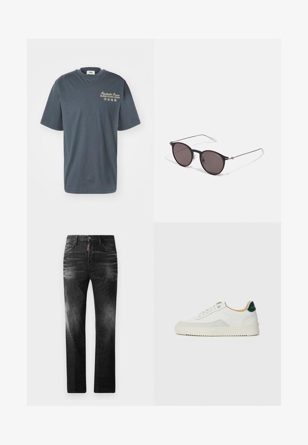 MSGM Camiseta estampada - grey; Jeans de mezclilla negra con un corte recto. Presentan áreas desgastadas, un ligero desgasto, diseño clásico de cinco bolsillos y cierre de botón.; Zapatilla blanca con acentos de ante, puntera redondeada, cordones planos y suela de goma color crema. Presenta un logo verde en el talón.; Gafas de sol redondas negras con lentes oscuros y brazos metálicos delgados. Incluye puntas de varilla transparentes y acentos plateados en la bisagra. Diseño minimalista.