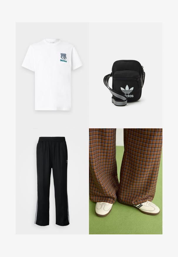 Balta medvilninė marškinėliai su apvaliu iškirpimu, turintys mėlyną ir turkio spalvos siuvinėtą katės dizainą kairėje krūtinės pusėje ir žodį "STANCE" po juo.; Juodi sportiniai keliai su elastingu juosmeniu, su baltais šonais ir mažu logotipu. Atrodo, kad medžiaga yra minkšta ir lengva.; Rudos ir mėlynos langelinės plačios kelnės, derinamos su baltais batais su juodais akcentais ir tekstūruotais padais, prieš žalią foną.; Juodas audinio per petį nešiojamas krepšys su užtrauktuku, turintis baltą Adidas logotipą ir dryžuotą reguliuojamą diržą patogiam nešiojimui.