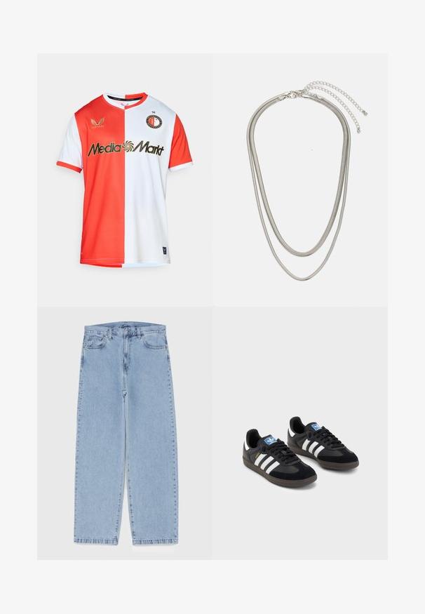 Rød og hvit sportstrøye med korte ermer, med V-hals, logo og "Media Markt"-tekst i gull. Laget av teksturert stoff.; Lyseblå denimjeans med rett ben-design, med mid-rise liv, fem lommer og knap og lynlås lukning.; Svarte sneakers med overdel i semsket lær og syntetisk materiale, med tre hvite striper, strukturert gummisåle og blå logoetikett på tungen.; Tre-lags sølvmetallkjede med elegante, fleksible kjeder med en svak glans, sikret med en krabbe-lås og justerbar kjede.