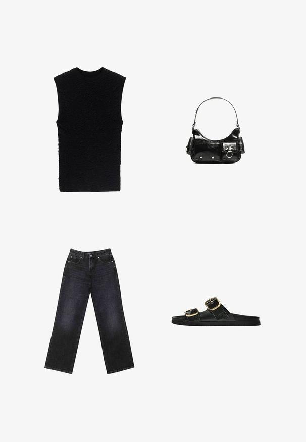 Črna brezrokavnica z teksturirano površino, ki vsebuje izbočene vzorce. Ima okroglo izrez in prilegan kroj, izdelana je iz mehke tkanine.; Visoke črne-denim hlače z širokim krojem, zasnovane s petimi žepi in vidnimi šivi. Tkanina ima gladek, rahlo teksturiran videz.; Črne drsne sandale z dvema zlatima zaponkama, gladkega materiala, ravnim podplatom in minimalističnim dizajnom.; Črna lakasta usnjena torbica s ukrivljeno obliko, enim ramenskim trakom, sprednjimi žepi in srebrnimi kovinskimi dodatki.