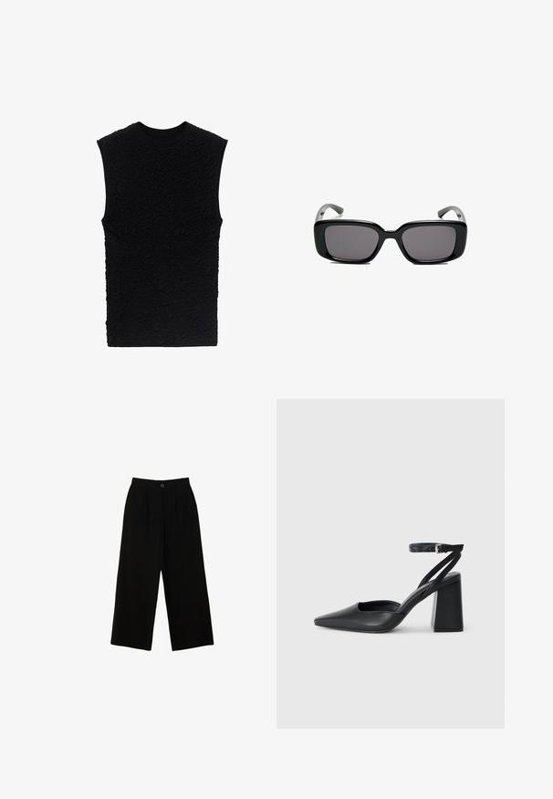 Crna majica bez rukava s teksturiranom površinom koja ima reljefne uzorke. Okrugli izrez i prikladan dizajn, izrađena od mekanog materijala.; Crne široke hlače izrađene od glatkog materijala, sa visokim strukom, prednjim nabranicima i jednim krojnim dugmetom pri vrhu.; Crne kožne cipele s špicastim vrhom, remenom oko gležnja i debelim potplatom. Ravna tekstura, elegantan dizajn i minimalistička estetika.; Crne pravokutne sunčane naočale s tamnim lećama, glatkim plastičnim okvirom i zakrivljenim državama. Dizajn je masivan s minimalističkom estetikom.