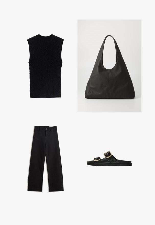 Top senza maniche nero con una superficie texturizzata caratterizzata da motivi in rilievo. Scollo rotondo e design aderente, realizzato in un tessuto morbido.; Pantaloni in denim neri a gamba larga con vita alta, dotati di tasche anteriori e posteriori, cuciture a punto, e chiusura con bottone. Texture liscia.; Infradito neri con due accenti di fibbia dorata, materiale dalla texture liscia, suola piatta e design minimalista.; Borsa a tracolla in pelle nera con manico curvo, forma triangolare allungata e superficie liscia. Presenta un design minimalista senza hardware visibile.