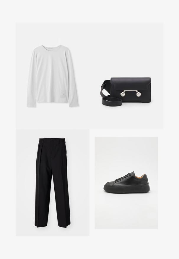 Weißes Langarm-T-Shirt aus weicher Baumwolle. Mit einem runden Halsausschnitt und einem kleinen Markenetikett auf der unteren linken Seite.; Schwarze, plissierte Hose mit geradem, weitem Bein. Hergestellt aus glattem Stoff, mit Knopfverschluss und Gürtelschlaufen.; Schwarze Ledersneaker mit runder Zehenpartie, schnürbarem Vorderteil, glatter Oberfläche, dickem Gummisohle und kontrastierendem, braunem Innenraum.; Schwarze Leder-Umhängetasche mit Klappenverschluss, silberfarbener Hardware und zwei runden Akzenten. Verfügt über einen abnehmbaren Schulterriemen. Glatte Textur.
