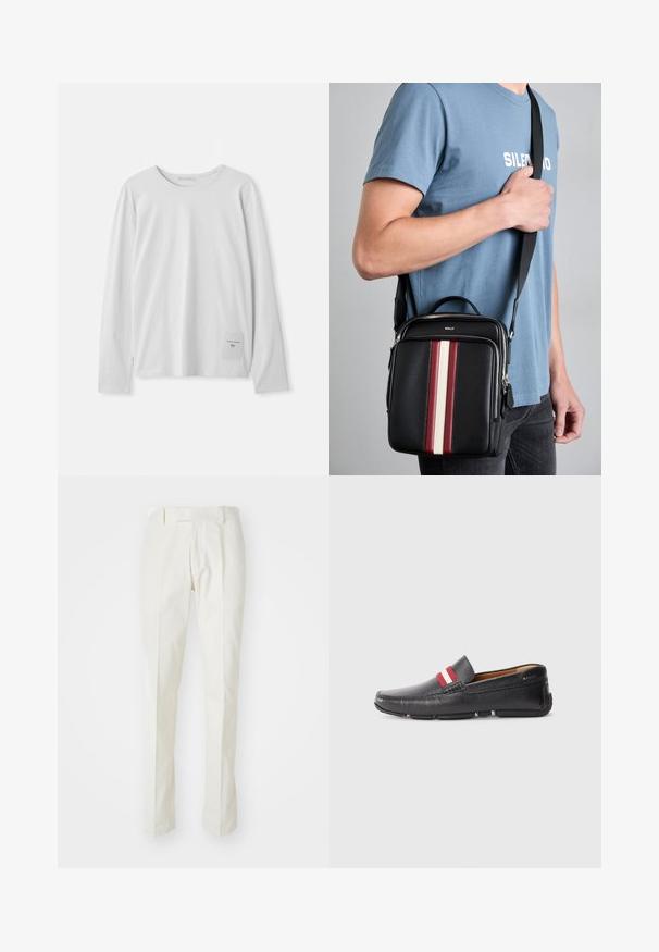 White long-sleeve T-shirt made of soft cotton. Features a round neckline and a small branded tag on the lower left side.; White trousers made of cotton, featuring a straight-leg design, flat front, and no visible patterns or hardware. Smooth texture.; Black leather slip-on shoe with textured surface, red and white striped accent on the upper, rounded toe, and rubber sole.; Black leather crossbody bag with red, white, and beige vertical stripes. Features a top handle and adjustable strap. Zipper closure visible.