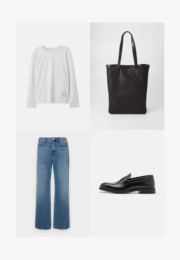 Bela dolga majica z dolgimi rokavi, izdelana iz mehkega bombaža. Ima okrogel vratni izrez in majhno oznako blagovne znamke na spodnji levi strani.; Modri široki jeans iz denima z izbledelim zaključkom. Imajo pet žepov, sprednje zapiranje na gumb in ravno krojenje.; Črne usnjene loafer čevlje z gladko teksturo, zaobljenim nosom in dekorativnim trakom čez zgornji del. Nizka zložena peta, minimalističen dizajn.; Črna platnena torba s črnimi usnjenimi ročaji. Preprost dizajn, prostorna notranjost in gladka tekstura. Brez vidnih logotipov ali vzorcev.
