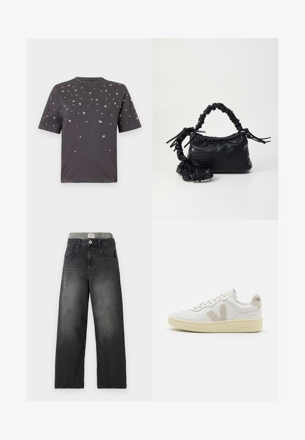 Dark gray short-sleeve t-shirt with scattered small silver star and dot embellishments across front and sleeves.; Black denim wide-leg jeans with a houndstooth patterned waistband. Features include front pockets and a button closure. Distressed texture.; White leather sneaker with beige suede accents, perforated toe box, flat laces, and a textured cream sole. Features subtle branding on heel.; Black faux leather handbag with a crocodile texture, cinched top, and a scrunched strap. Appears soft and compact in design.