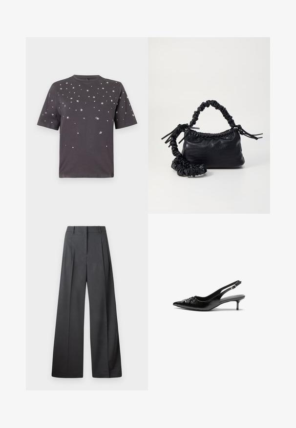 Sötét szürke, rövid ujjú póló, amelyen a mellrészen és az ujjakon kis ezüst csillagok és pöttyök szórt díszítés található.; Széles szárú nadrág sötétszürke anyagból, magas derekú, egyes redőkkel, sima textúrával és tiszta befejezéssel a szegélyeken.; Fekete bőrből készült, pántos magassarkú cipő hegyes orral, alacsony cicás sarokkal, és fodros részlettel a lábfején. Simább felület és minimalista design.; Fekete műbőr kézi táska krokodil bőr textúrával, összehúzható tetejű és gyűrt pánttal. Lágy és kompakt dizájnúnak tűnik.