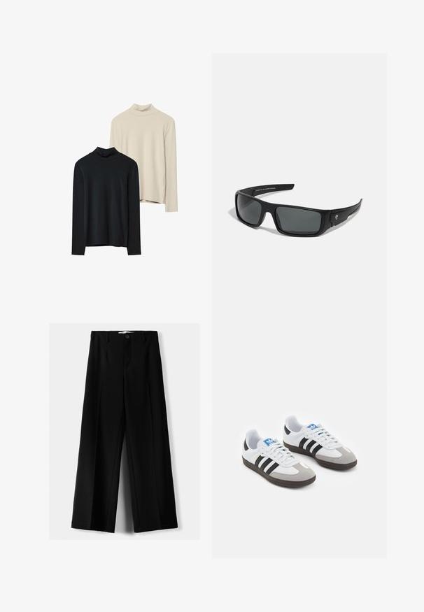Zwei Langarmrollkragenpullover: einer schwarz und einer beige. Hergestellt aus einem glatten, dehnbaren Stoff mit enger Passform und hohem Kragen.; Schwarze weite Hosen aus leichtem Stoff, mit einem Knopfverschluss vorne und flachem Bund, mit sorgfältig genähten Säumen.; Sportschuhe mit einem Obermaterial aus weißem Leder, grauer Wildleder-Zehenkappe und drei schwarzen Streifen. Sie verfügen über ein blaues Logo auf der Zunge und eine strukturierte Gummisohle.; Schwarze Sonnenbrille mit rechteckigem Rahmen, dunkelgrauen Gläsern und glatter Kunststoffoberfläche. Auffälliges Logo-Element an der Seite.; Schwarze Nylon-Umhängetasche mit geschwungener Form, silbernem Kettenakzent, abnehmbarem Mini-Pouch und verstellbarem Trageriemen; mit "Steve Madden"-Logo.