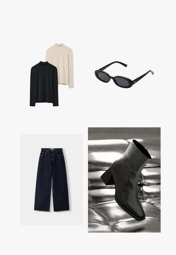 Zwei Langarmrollkragenpullover: einer schwarz und einer beige. Hergestellt aus einem glatten, dehnbaren Stoff mit enger Passform und hohem Kragen.; Dunkelblaue, weite Jeans mit hoher Taille, fünf Taschen, Kontrastnähten und silbernem Metallzubehör. Glatte Textur und saubere Verarbeitung.; Schwarzer Knöchelstiefel aus glänzendem Material mit quadratischer Zehenform und verjüngtem Absatz, vor einem glänzenden silbernen gepolsterten Hintergrund.; Schwarze, oversized Sonnenbrillen mit ovalen Gläsern, glattem Kunststoffrahmen und goldenen Akzenten an den Bügeln. Die dunklen Gläser bieten Sonnenschutz.; Schwarze Leder-Schultertasche mit geschwungener Form, glatter Textur und einem langen, verstellbaren Riemen. Verfügt über ein dezentes Knotendetail und ein minimalistischem Design.