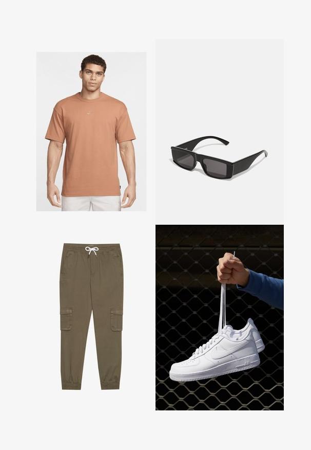 Junger Mann mit kurzen lockigen Haaren, der ein schlichtes hellbraunes Nike-T-Shirt und weiße Shorts trägt, steht vor einem weißen Hintergrund.; Khaki Cargo-Hosen mit elastischem Bund und Kordelzug, aus seitlichen Taschen und umgeschlagenen Knöcheln. Hergestellt aus einem strukturierten, leichten Material.; Weiße Leder-Sneaker mit Perforationen, runder Zehenpartie, flacher Sohle und dicken Schnürsenkeln, mit sichtbar eingesticktem Swoosh-Logo und "AIR" an der Ferse.; Schwarze Sonnenbrille mit rechteckigem Rahmen und dunklen Gläsern. Aus glänzendem Kunststoff gefertigt, zeichnet sich durch ein kantiges Design und schlanke Bügel aus.
