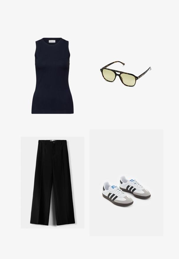 Läskipäinen tummansininen paita, joka on valmistettu sileästä puuvillasta. Paita on pyöreällä kaula-aukolla ja istuvalla muotoutumisella ilman koristeita. Rento ja monipuolinen.; Mustat leveälahkeiset housut, jotka on valmistettu kevyestä kankaasta. Housuissa on etunappikiinnitys ja tasainen etuosa, sekä huolellisesti ommellut helmat.; Urheilukengät, joissa on valkoinen nahkainen päällinen, harmaa mokkanokka ja kolme mustaa raitaa. Ominaisuuksina sininen logo kielekkeessä ja kuvioitu kumipohja.; Aurinkolasit kilpikonnakuosisella kehysrakenteella, joissa on suorakulmainen muoto, vihertävät linssit ja kuvioitu asetaattikehys. Kehyksissä on metalliset yksityiskohdat linssien lähellä.