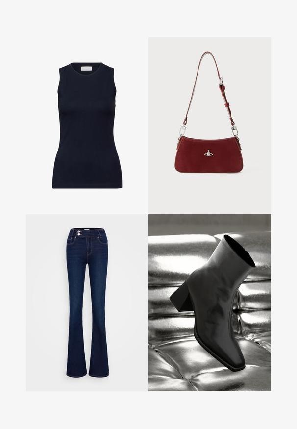 Námořnický bezrukávový top vyrobený z hladké bavlny, s kulatým výstřihem a přiléhavým střihem bez zdobení. Neformální a univerzální.; Tmavě modré rozšířené džíny s vysokým pasem, dvěma předními kapsami a dvěma knoflíkovými zapínáními. Vyrobené z denimu s hladkou texturou.; Černá kotníková bota vyrobená z lesklého materiálu se čtveratou špičkou a zúženým podpatkem, umístěná na lesklém stříbrném prošívaném pozadí.; Červená semišová kabelka na rameno s křivkovým tvarem. Obsahuje stříbrný akcent a nastavitelné ucho se kovovými detaily. Hladký povrch.