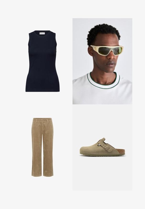 Marineblauw mouwloos topje van glad katoen, met een ronde halslijn en een aansluitend ontwerp zonder versieringen. Casual en veelzijdig.; Beige corduroy broek met riemlussen, knoopsluiting aan de voorkant, ritssluiting en rechte pijpen.; Olijfgroene suede clog met een ronde neus, verstelbare band, kurken voetbed en gestructureerde rubberen zool, met een gladde afwerking en uitsnijdetails.; Zonnebril met een doorzichtig gele rand en groen getinte lenzen. Hoekig ontwerp met brede pootjes, gedragen met een witte shirt met groene accenten.