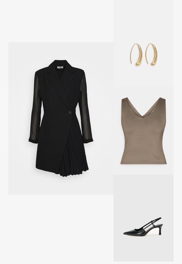 Rudas be rankovių palaidinė su giliu V formos iškirpimu, pagaminta iš lygaus audinio. Palaidinė turi prigludusią siluetą ir švarią, minimalią siuvimo liniją.; Juodas pritaikytas suknelė su švarkeliu primenančiu viršumi, permatomomis ilgomis rankovėmis, viena mygtuko uždarymo detalė ir raukšlėtu sijonu.; Juodai lakuoti slingback aukštakulniai su smailiu nosiu, su tekstūruotu gyvatės raštu, reguliuojama juosta ir trumpu, tekstūruotu blokiniu kulnu.; Juodas odinis per petį nešiojamas krepšys su dviem priekiniais kišenėmis, auksiniais sagtimis, užtrauktuko uždarymu ir siauromis petnešomis. Textūruota paviršius ir kompaktiškas stačiakampis formatas.; Auksinės metalinės auskarų kabės su lenktą, pailgą forma. Turi lygų, blizgantį paviršių ir užapvalintą galiuką papildomam akcentui.