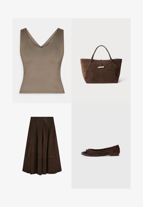 Brązowy, bezrękawnikowy top o głębokim dekolcie w kształcie litery V, wykonany z gładkiego materiału. Posiada dopasowany krój oraz schludne, minimalistyczne przeszycia.; Brązowa zamszowa spódnica midi o rozszerzanym kształcie i pionowych szwach, charakteryzująca się gładką teksturą i szerokim dołem.; Brązowe zamszowe balleriny z błyszczącą ciemnobrązową skórzaną czubkiem oraz małą kokardką z przodu. Płaski obcas.; Brązowa zamszowa torba na ramię z dwoma miękkimi uchwytami, pionowym paskiem z srebrnym akcentem i szerokim, otwartym wnętrzem. Gładka faktura, minimalistyczny design.