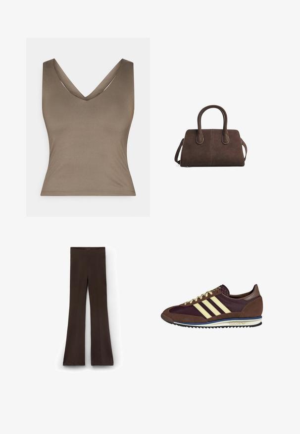 Brown, sleeveless top with a deep V-neck design, made of smooth fabric. Features a fitted silhouette and clean, minimal stitching.; Brown flared pants made of stretchy fabric with a high waistband. Smooth texture with seam detailing running down the legs.; Brown and burgundy sneaker with suede and mesh materials, featuring three cream stripes, textured fabric on the tongue, and a rubber sole.; Brown suede handbag with dual top handles, structured design, and a detachable shoulder strap. Features a smooth texture and minimal accents.