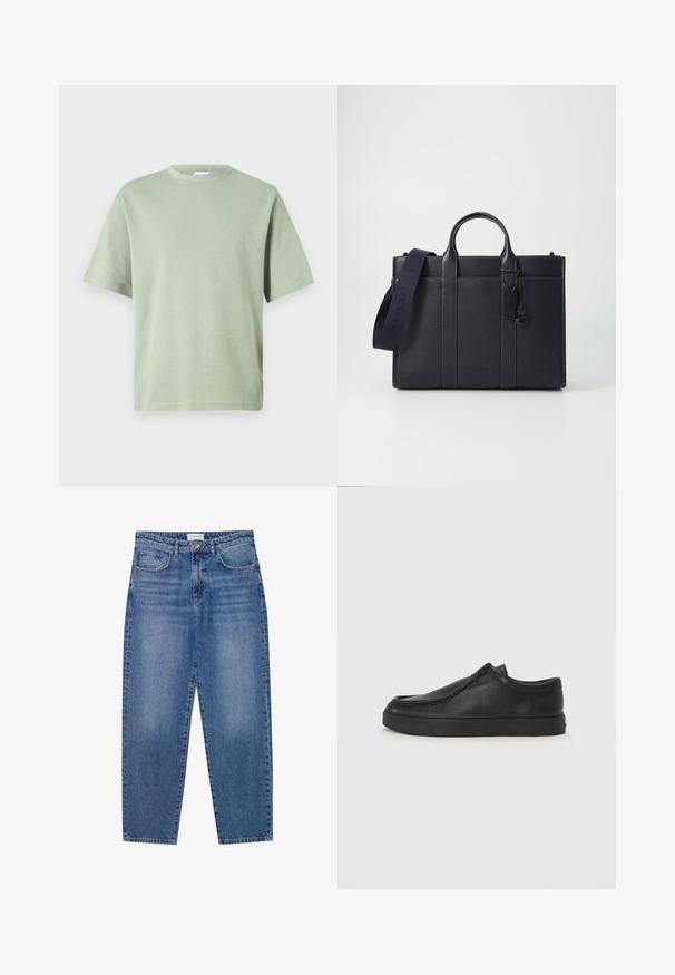 Világos zöld pamut póló kerek nyakkivágással és rövid ujjal. Az anyag sima textúrával rendelkezik, és nincs díszítve semmilyen mintával.; Kék farmernadrág magas derekú, egyenes szárú dizájnnal és kopott hatással. Öt zsebbel és gombos záródással rendelkezik.; Fekete bőr slip-on cipő lekerekített orral, varrott részletekkel és fekete gumitalppal. Simaság és minimalista dizájn jellemzi.; Sötét tengerészkék bőr aktatáska, dupla felső fogantyúval és levehető pánttal. Texturált felülettel, függőleges varrással és logó részlettel rendelkezik.